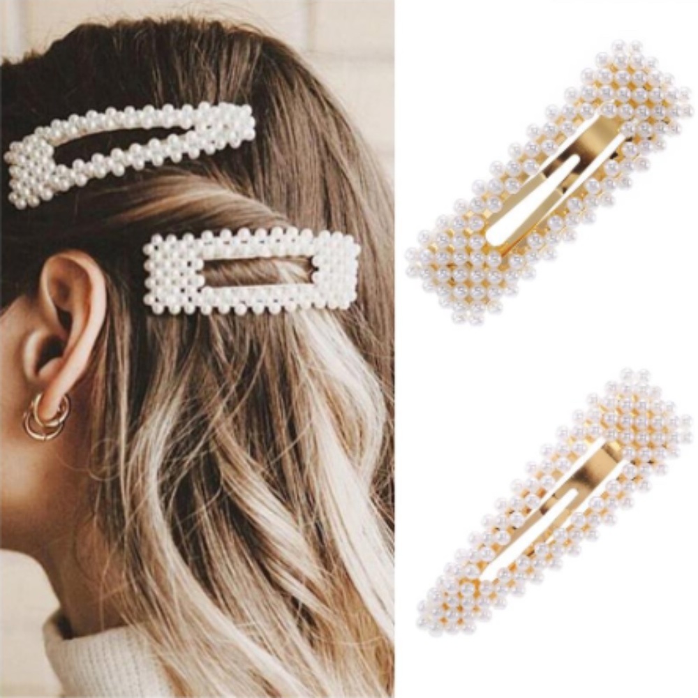 Set of 2 Imitation Pearl Beaded Gold Hair Clips
